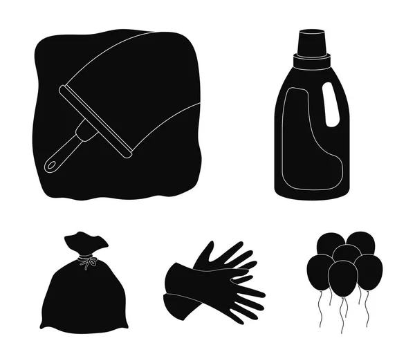 Gel para lavar en una botella rosa, guantes amarillos para limpiar, un cepillo para vidrio, una bolsa negra para basura o desperdicios. Limpieza conjunto colección iconos en negro estilo vector símbolo stock ilustración web . — Archivo Imágenes Vectoriales