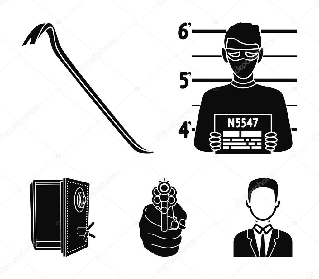 Photo of criminal, scrap, open safe, directional gun.Crime set collection icons in black style vector symbol stock illustration .