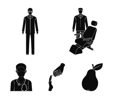 Doktor bir yüz maskesi, diş hekimi, sağlık personeli, şeker için bir kan testi. Medicineset toplama simgeler siyah stil vektör simge stok çizim web içinde.