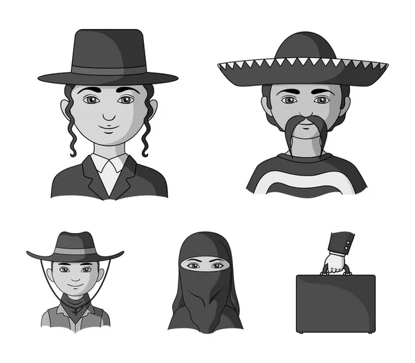 Un mexicano, un judío, una mujer de Oriente Medio, un americano. La raza humana establece iconos de colección en el estilo monocromo vector símbolo stock ilustración web . — Vector de stock