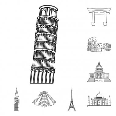 Farklı ülkelerin sights set koleksiyonu tasarım için simgeleri anahat. Ünlü bina sembol stok web illüstrasyon vektör.