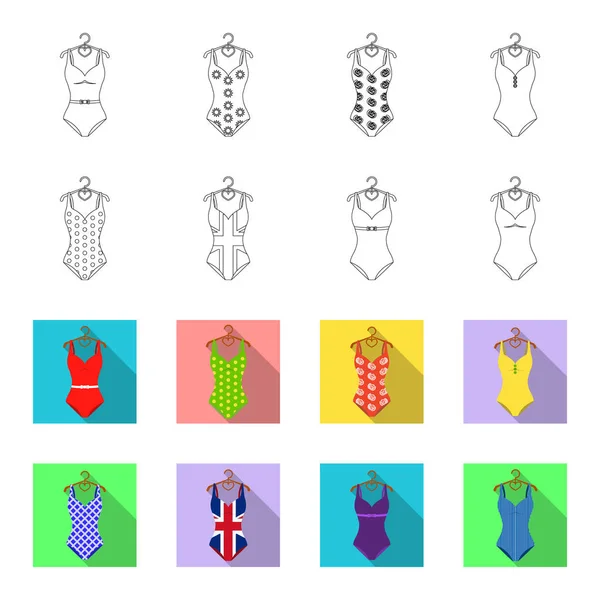 Diferentes tipos de trajes de baño. Trajes de baño conjunto de iconos de colección en el contorno, flet estilo vector símbolo stock ilustración web . — Archivo Imágenes Vectoriales