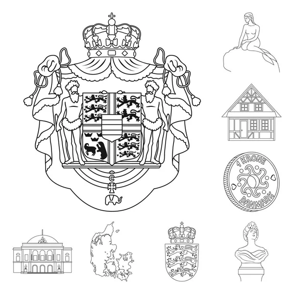 Viaggiare in Danimarca delineare icone nella collezione set per il design. Danimarca e attrazioni simbolo vettoriale stock web illustrazione . — Vettoriale Stock