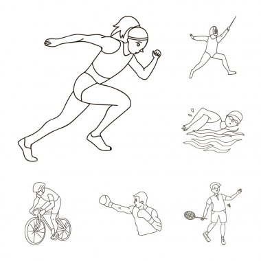 Spor çeşitleri set koleksiyonu tasarım için simgeleri anahat. Atlet, yarışmalar sembol stok web illüstrasyon vektör.