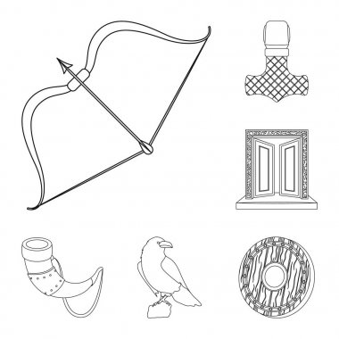 Vikingler ve öznitelikleri set koleksiyonu tasarım için simgeleri anahat. Eski İskandinav savaşçı vektör simge stok web çizimi.