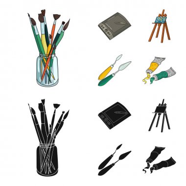 Fırçalar, bir çizim kurulu, bir tuval, boya bıçak ile bir şövale bankayla. Sanatçı ve çizgi film, siyah stil vektör simge stok çizim web çizim küme koleksiyon simgeler.