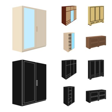 İle mezzanines ile raf ayna, dolap, dolap. Yatak Odası Mobilya toplama simgeler çizgi film, siyah stil vektör simge stok çizim web ayarla..