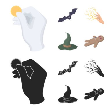 Odak bir sikke, bir yarasa, mages şapka, bir şimşek-hızlı büyü ile. Siyah ve beyaz büyü toplama simgeler çizgi film, siyah stil vektör simge stok çizim web ayarla..