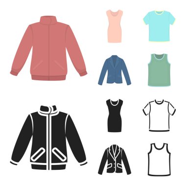 A mans ceket, bir tunik, bir tişört, bir takım elbise. Giysi toplama simgeler çizgi film, siyah stil vektör simge stok çizim web ayarla..