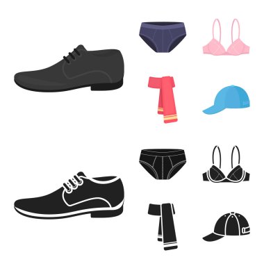 Erkek Ayakkabı, sütyen, külot, eşarp, deri. Çizgi film, siyah stil vektör simge stok çizim web giyim koleksiyonu Icons set.
