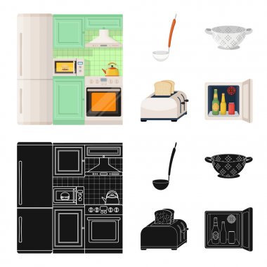 Set koleksiyonu tasarım için mutfak ekipman çizgi film, siyah simgeler. Sembol stok web illüstrasyon vektör mutfak ve aksesuarları.