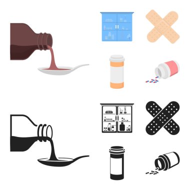 Bir kaşık, alçı, tatlım, tıp kabine şurubu. İlaç toplama simgeler çizgi film, siyah stil vektör simge stok çizim web ayarla..