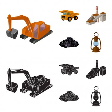 Ekskavatör, Damper, işleme tesisi, mineraller ve cevheri. Toplama simgeler çizgi film, siyah stil vektör simge stok çizim web set madencilik sanayi.