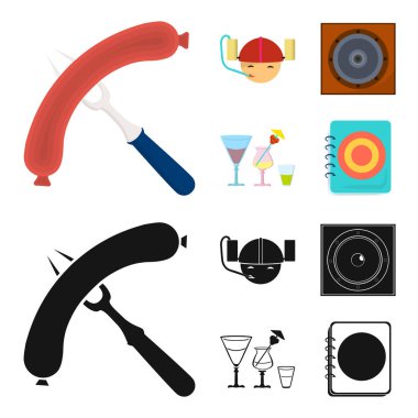 Kızarmış sosis, bira kask, kokteyller, hoparlör. Pub toplama simgeler çizgi film, siyah stil vektör simge stok çizim web ayarla..