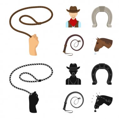 El Kement, kovboy, at nalı, kırbaç. Rodeo toplama simgeler çizgi film, siyah stil vektör simge stok çizim web ayarla..