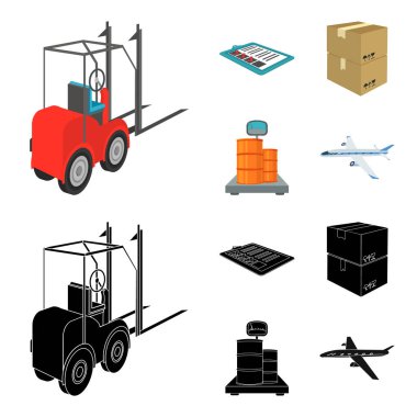 Forklift, Teslimat makbuzları, paketlenmiş ürünler, Terazi tartı üzerinde kargo. Lojistik ve teslim çizgi film, siyah stil izometrik vektör simge stok çizim web simgeler ayarla.