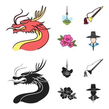 Bıyık, Seul Kulesi, ulusal müzik aleti, hibiscus çiçek ile Dragon. Güney Kore çizgi film, siyah stil vektör simge stok çizim web simgeler ayarla.