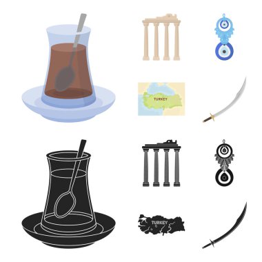 Türk çayı, muska, Harabeleri antik, bölge haritası. Türkiye'de çizgi film, siyah stil vektör simge stok çizim web simgeler ayarla.