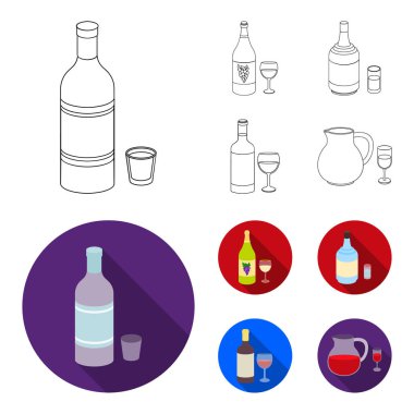 Beyaz şarap, kırmızı şarap, cin, sangria. Alkol toplama simgeler anahat, düz stil vektör simge stok çizim web ayarla..