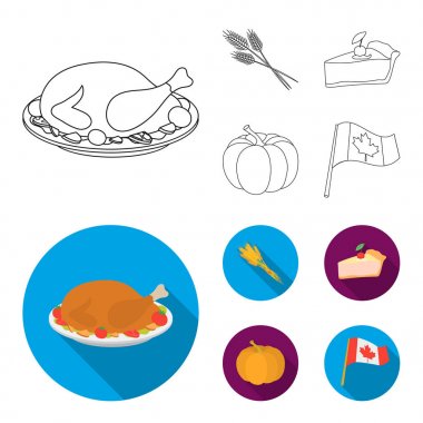 Spike buğday, bir dilim pasta ile kızılcık, kabak, ulusal bayrak. Kanada Şükran günü toplama simgeler anahat, düz stil vektör simge stok çizim web ayarla..