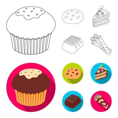 Amerikan kurabiye, kek, şeker, gofret tübül bir parçası. Çikolatalı tatlılar toplama simgeler anahat, düz stil vektör simge stok çizim web ayarla..