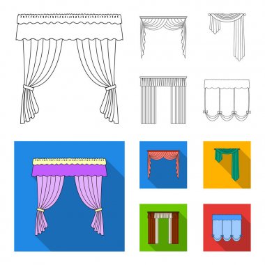 Pencere perdeleri farklı türleri. Perdeleri toplama simgeler anahat, düz stil vektör simge stok çizim web ayarla..