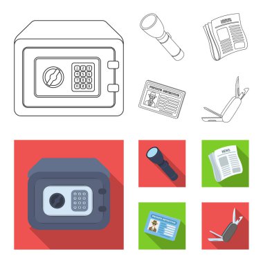 El feneri, gazete haberleri, sertifika, katlama bıçak ile. Dedektif toplama simgeler anahat, düz stil vektör simge stok çizim web ayarla..