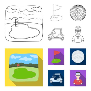 Alan bir delik ve bir bayrak, bir golf topu, bir golfçü, bir elektrikli golf arabası ile. Golf club toplama simgeler anahat, düz stil vektör simge stok çizim web ayarla..