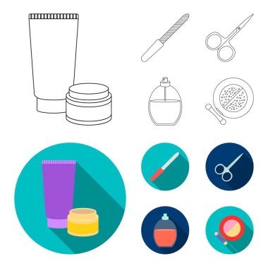Tırnak törpüsü, makaslar, çivi, parfüm, pudra fırçası ile için. Makyaj Koleksiyonu simgeleri anahat, düz stil vektör simge stok çizim web ayarlamak..