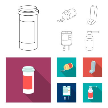 Tablet, ilaç, kan, sprey ile konteyner. İlaç toplama simgeler anahat, düz stil vektör simge stok çizim web ayarla..