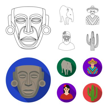 Tapir Meksika hayvan, panço, bir çiçek, bir kaktüs bir kadınla Ulusal giysileri içinde bir Meksikalı. Meksika ülke toplama simgeler anahat, düz stil vektör simge stok çizim web ayarla..