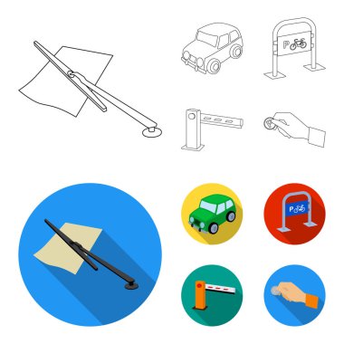 Araban, bariyer, Bisiklet park yeri, para el için ödeme Park. Buraya park edilmez toplama simgeler anahat, düz stil vektör simge stok çizim web ayarla..