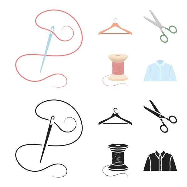 Thread, carretel, cabide, agulha, scissors.Atelier conjunto coleção ícones em desenhos animados, estilo preto símbolo vetorial estoque ilustração web . — Vetor de Stock