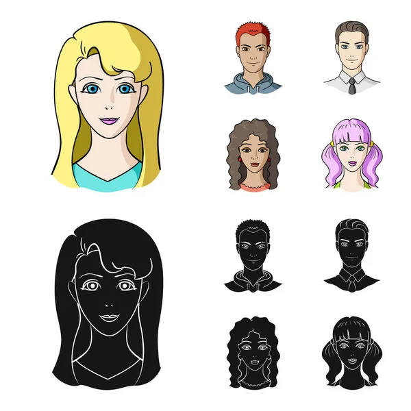 Diferentes olhares de jovens pessoas.Avatar e ícones de coleção de conjuntos de rosto em desenhos animados, estilo preto símbolo vetorial ilustração web . —  Vetores de Stock
