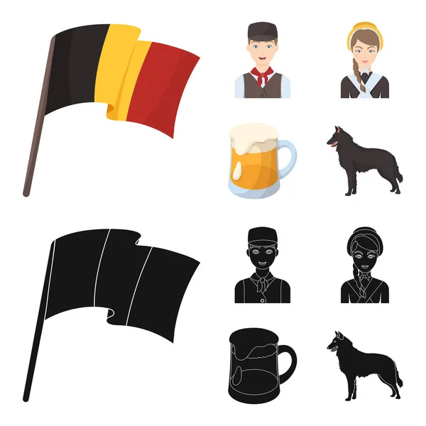 Ulusal bayrak, Belçikalılar ve ülkenin diğer simgeler. Belçika karikatür, siyah stil vektör simge stok çizim web simgeler ayarla. — Stok Vektör