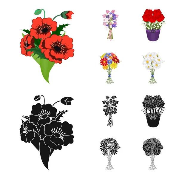 Un ramo de flores frescas de dibujos animados, iconos negros en la colección de conjuntos para el diseño. Varios ramos vector símbolo stock web ilustración . — Archivo Imágenes Vectoriales