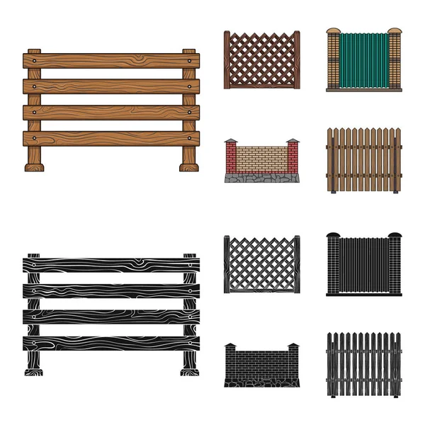 Una cerca de metal y ladrillos, empalizada de madera. Una valla diferente conjunto de iconos de la colección en dibujos animados, negro estilo vector símbolo stock ilustración web . — Vector de stock