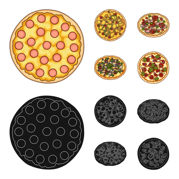 Pizza com carne, queijo e outros recheios. Diferentes ícones de coleção de conjuntos de pizza em desenhos animados, estilo preto símbolo vetorial ilustração web . —  Vetores de Stock