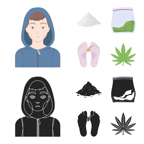 Addict, cocaine, marijuana, corpse.Drug set collection icons in cartoon,black style vector symbol stock illustration web. — Stock Vector