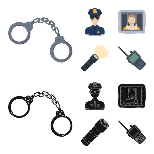 Algemas, policial, prisioneiro, lanterna. Ícones de coleção conjunto de polícia em desenhos animados, estilo preto símbolo vetorial ilustração web . — Vetor de Stock