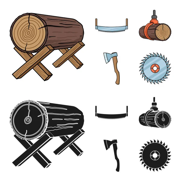 Soporte de registro, sierra de dos manos, hacha, levantamiento de troncos. Aserradero y madera conjunto colección iconos en dibujos animados, negro estilo vector símbolo stock ilustración web . — Vector de stock