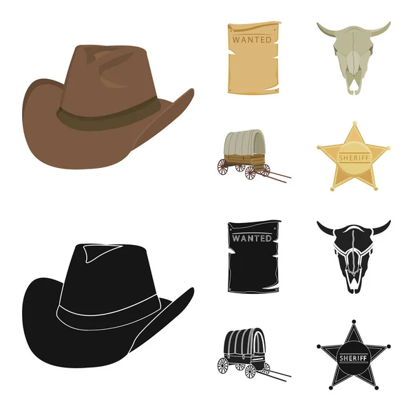 Kovbojský klobouk, je prohledána, košíku, býci lebky. Divoký západ sada kolekce ikon v karikatuře, černá styl vektor symbol akcií ilustrace web. — Stockový vektor
