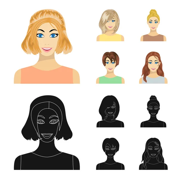 Types of female hairstyles cartoon, black icons in set collection for design. Внешний вид веб-иллюстрации женского векторного символа . — стоковый вектор