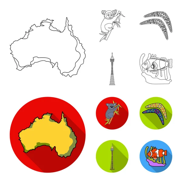 Koala sur le bambou, boomerang, Sydney tour, poisson clown et ammonium.Australie mis icônes de la collection dans les grandes lignes, plat style vectoriel symbole illustration web . — Image vectorielle