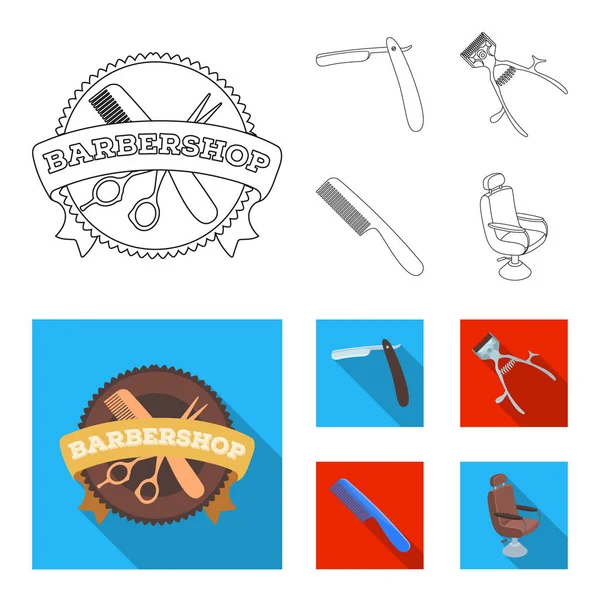 Una maquinilla de afeitar, un cortador de pelo mecánico, un sillón y otros equipos para un peluquero.Iconos de colección conjunto de barbería en el contorno, el estilo plano vector símbolo stock ilustración web . — Archivo Imágenes Vectoriales