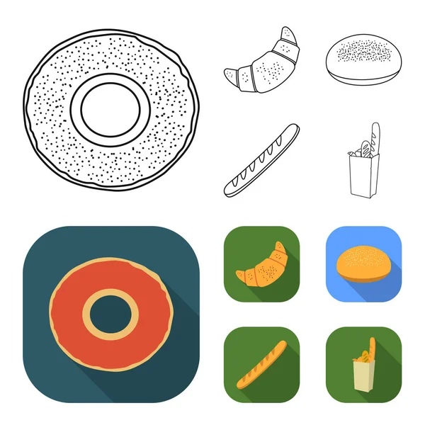 Rye round bread, a croissant, a French loaf, a bag of bread.Bread set collection icons in outline, flat style vector symbol illustration web . - Stok Vektor