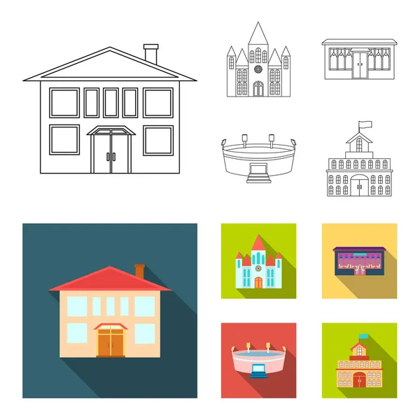 House of government, stadium, cafe, church.Building set collection icons in outline,flat style vector symbol stock illustration web. — Stock Vector