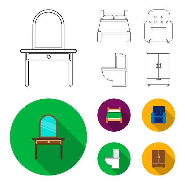 Una cama, un sillón, un inodoro, un armario empotrado.Mobiliario conjunto colección iconos en el contorno, el estilo plano símbolo vectorial stock illustration web . — Vector de stock