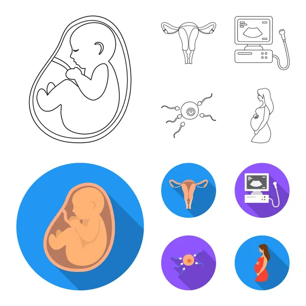 Матка, аппарат УЗИ, оплодотворение. Иконки коллекции беременных в набросок, плоский стиль векторных символов иконок . — стоковый вектор