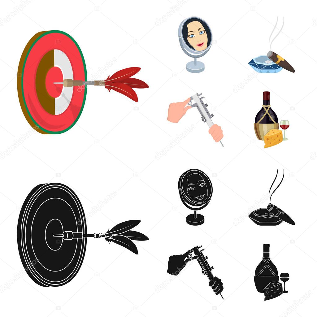 Game Darts, reflection in the mirror and other web icon in cartoon,black style. Cigar in ashtray, calipers in hands icons in set collection.
